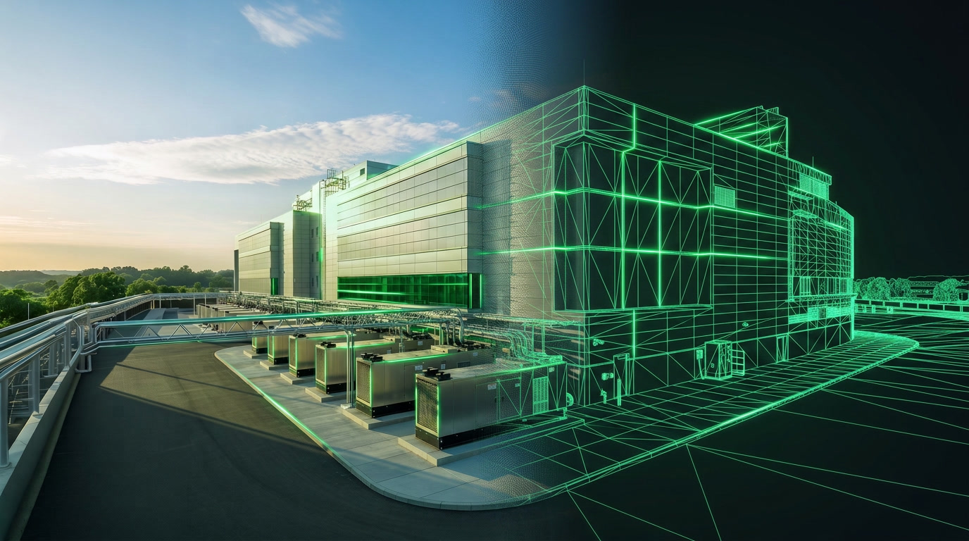Digital twin — physical data center transitioning to wireframe model